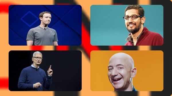تيم كوك من شركة آبل وجيف بيزوس من أمازون ومارك زاكربرغ من فيسبوك وسوندار بيشاي من شركة غوغل والشركة الأم ألفابت.